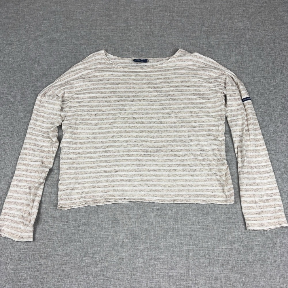 Saint James X Jenni Kayne T-Shirt Womens M Beige Striped Boat Neck Long Sleeve